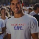 A man wearing a "Vote Anti Est. | Election 2024 | Unisex T-Shirt" t-shirt.