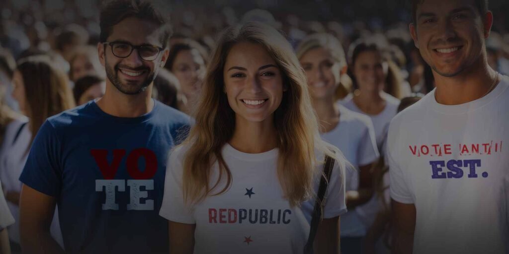 A group of people wearing humorous t-shirts that say vote republic est.