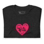 A unisex black With Love cotton t-shirt with a pink heart on it, symbolizing love.