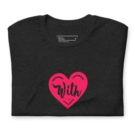 A unisex black With Love cotton t-shirt with a pink heart on it, symbolizing love.