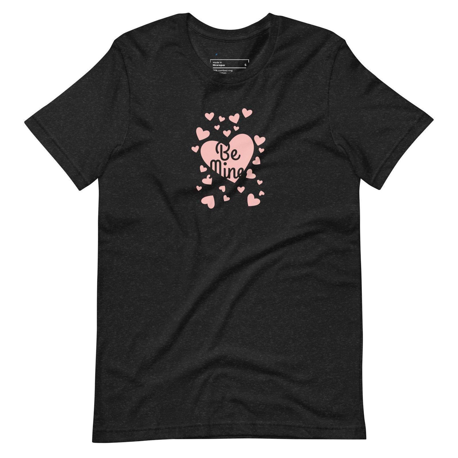A Be Mine unisex black t-shirt with pink hearts on it.