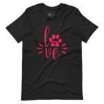 A Love My Dog Unisex Heavy Cotton black t-shirt with a pink paw print and the word love.
