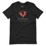 A black t-shirt with the word Love Wineist and love on it.
