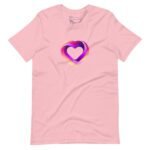 A pink Love unisex heavy cotton tee with a colorful heart on it.
