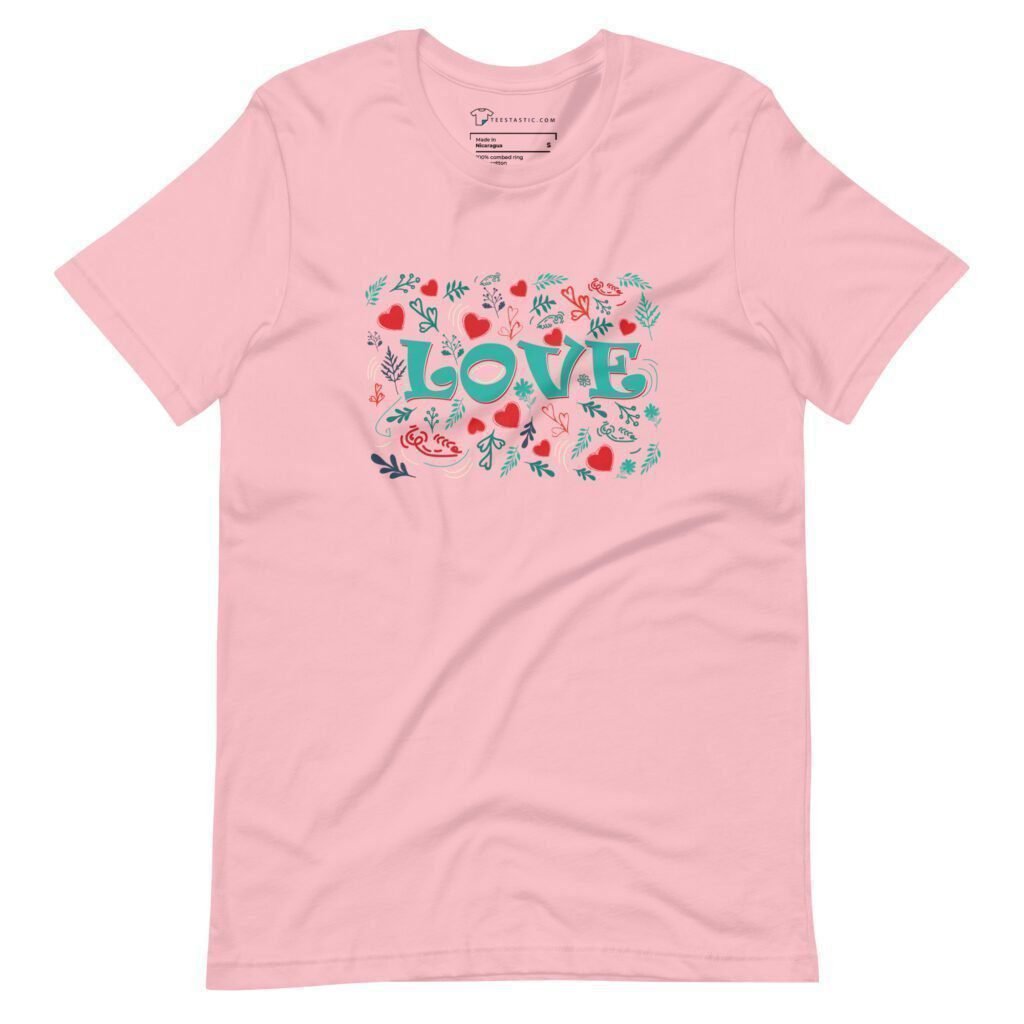 A Love Unisex Heavy Cotton Tee, pink with the word love on it.