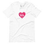 A "With Love" unisex Heavy Cotton tee with a pink heart on it.