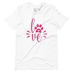A white Love My Dog unisex heavy cotton t-shirt with a pink paw print and the word love.