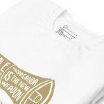 A white sweatshirt with a gold logo of Propaganda | People Power Never Lie / Unisex Staple T-Shirt.
