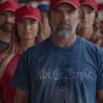 A group of serious-looking adults in blue and red hats, focusing on a man in front wearing a We The People | Elections 2024 | Unisex T-shirt.