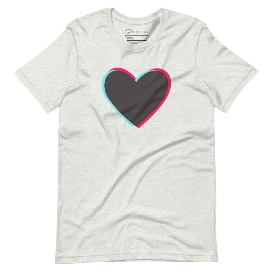 A Love Tik Tok unisex t-shirt featuring a white base with a cute pink and blue heart design.