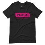 A black PEACE Is patriotic | Election 2024 | Unisex Heavy Cotton Tee with the word peace in pink, promoting peace.