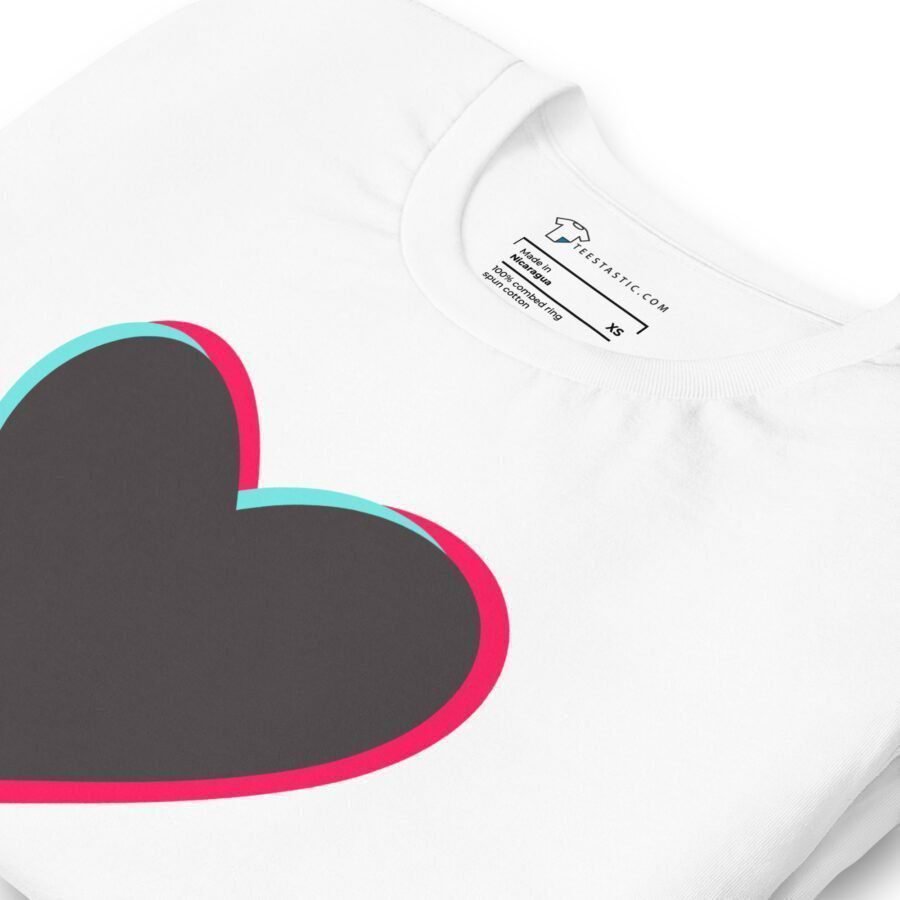 A white sweatshirt with a heart on it, perfect for Tik Tok enthusiasts looking for the trendiest Love Tik Tok unisex t-shirt.