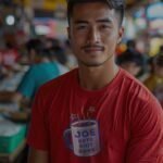A man in a red t-shirt with "Elections 2024" printed on it standing in a busy market area.