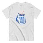 Men's Classic Tee: Gray t-shirt with a graphic of a blue mug and the phrase "Joe Gets Sh!t Done" surrounded by stars, perfect for Elections 2024.