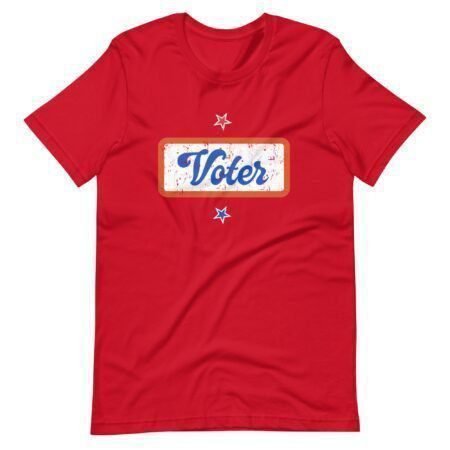 A red Unisex T-shirt with the word "Voter" on it.