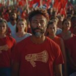 A diverse crowd of people at a rally, focusing on a man in a red t-shirt with the text "people power is the new weapon" and a logo. he appears contemplative amid the colorful, passionate gathering.