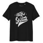 A black **To Blessed To Be Stress | Unisex Organic Cotton T-shirt** with white text that reads "Too Blessed to be Stressed" in a decorative font.