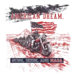 Illustration of a motorcycle group with an American flag, showcasing the text "American Dream | Guns, Bikes & MAGA" on a unisex t-shirt.