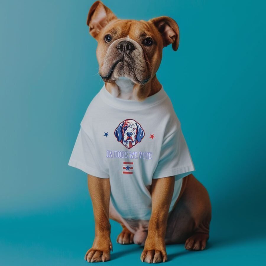 A dog sits against a blue background, sporting the "In Dogs We Vote | Elections 2024 | Unisex t-shirt" in white, featuring an illustration of a dog and the text "In Dogs We Vote," along with red, white, and blue stars.