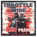 Two motorcyclists in front of a stylized American flag background with text "THROTTLE WIDE RED PRIDE" in bold letters. Celebrate the American Dream with the "American Dream | Guns, Bikes & MAGA" unisex t-shirt, perfect for those who live life full throttle.