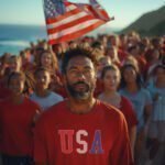 A man in a red "USA | Elections 2024" unisex t-shirt stands at the forefront of a crowd, with an American flag and a coastal landscape in the background, symbolizing unity ahead of Elections 2024.
