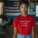 A person wearing the "Working Class Hero | Elections 2024" unisex t-shirt, featuring bold red fabric, stands indoors with an American flag in the background, embodying the spirit of Elections 2024.