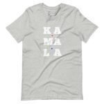 The "KAMALA | Elections 2024" unisex t-shirt in gray features the text "KAMALA" in white letters arranged in three vertical rows, with red and blue stars interspersed between the letters, making it a perfect choice to show your support ahead of the Elections 2024.