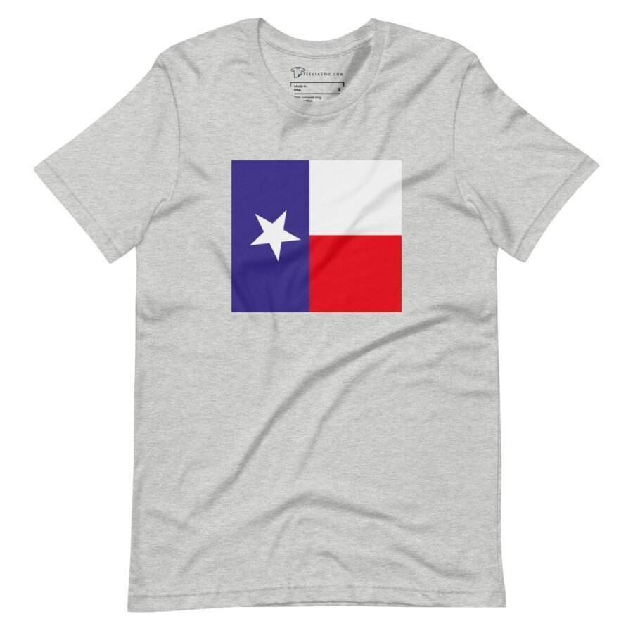 A gray unisex T-shirt from the Star Flag collection, featuring a printed design of the Texas state flag with blue, white, and red horizontal stripes and a white star in the blue field, showcasing your pride in America 24.