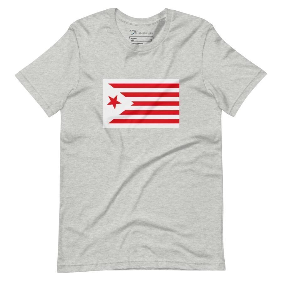 A light gray, unisex "Star and Stripes Red" t-shirt featuring a flag design with a red star and red stripes on a white background. Perfect for showing your support during Elections 2024.