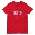 Introducing the BIG T | Election 2024 | Unisex T-shirt, featuring a red color with "BIG T 24" printed boldly in white and blue across the chest, complete with two small stars. Perfect for showcasing your style during Election 2024, this versatile unisex T-shirt is a must-have addition to any wardrobe.