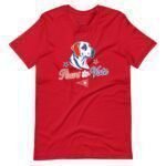 Unisex t-shirt in red, adorned with a dog graphic and the slogan "Paws to Vote", complemented by stars, a small flag, and a tribute to Elections 2024.
