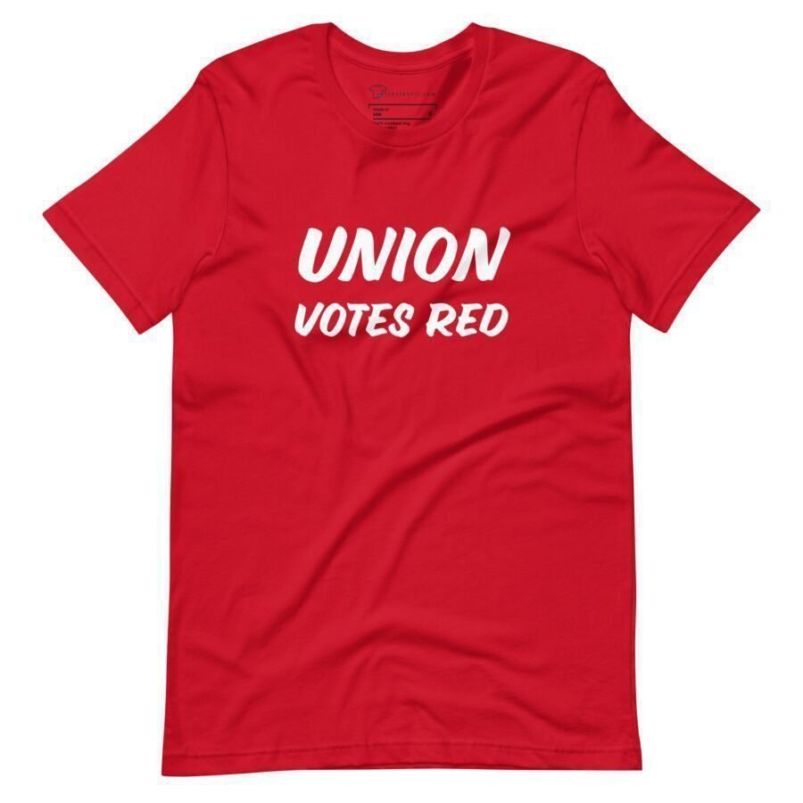 A unisex t-shirt named "Unions Votes Red | Elections 2024" featuring bold white text that says "UNION VOTES RED" on a red background, ideal for demonstrating your support in Elections 2024.