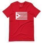 The Star and Stripes Red | Elections 2024 | Unisex t-shirt showcases a white graphic of a stylized flag with a star and five horizontal stripes, making it perfect for showing your spirit during Elections 2024.