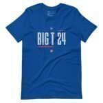 Wear your support with the BIG T | Election 2024 | Unisex T-shirt, featuring a blue base adorned with the text "BIG T 24" in white, highlighted by stars and red and blue horizontal lines, perfect for Election 2024.