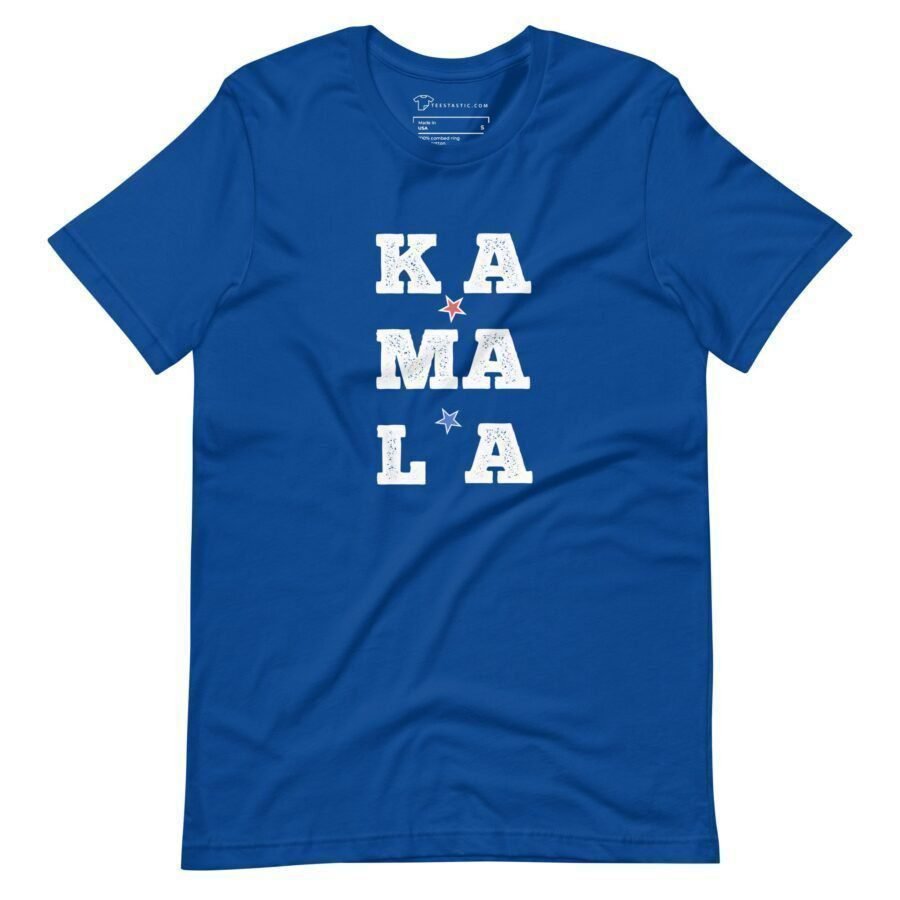 A unisex T-shirt featuring the name "KAMALA" printed in bold white letters arranged vertically with a red star at the center, perfect for showing support during Elections 2024.