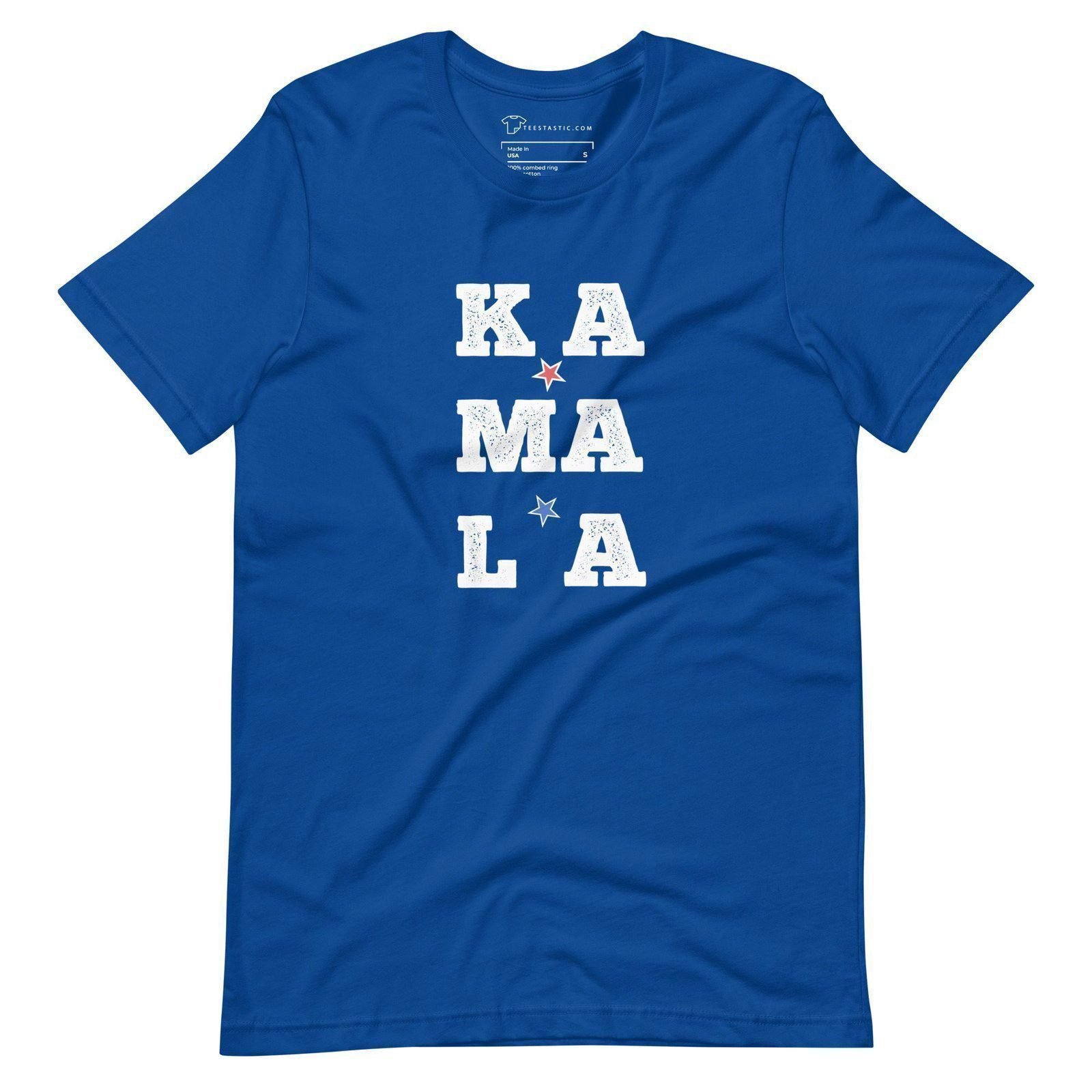 A unisex T-shirt featuring the name "KAMALA" printed in bold white letters arranged vertically with a red star at the center, perfect for showing support during Elections 2024.