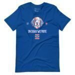 The "In Dogs We Vote | Elections 2024 | Unisex T-shirt" is a blue shirt that features an illustration of a dog, two stars, and the text "IN DOGS WE VOTE" in white. It's the perfect choice for this upcoming Elections 2024 season.