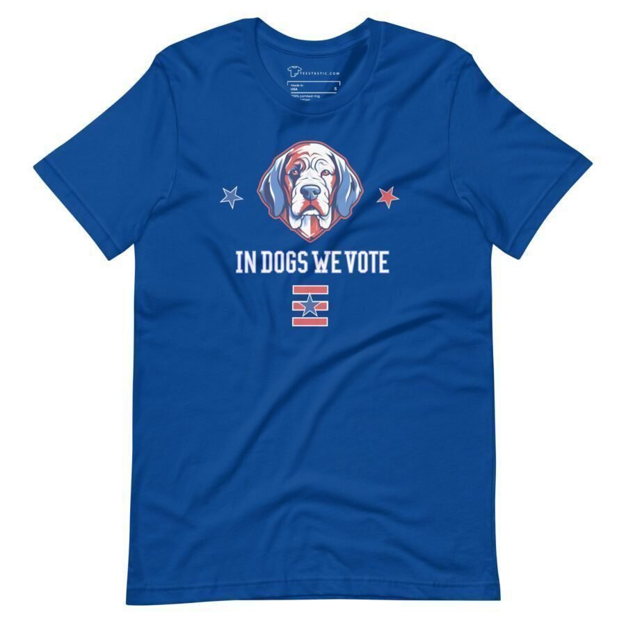 The "In Dogs We Vote | Elections 2024 | Unisex T-shirt" is a blue shirt that features an illustration of a dog, two stars, and the text "IN DOGS WE VOTE" in white. It's the perfect choice for this upcoming Elections 2024 season.