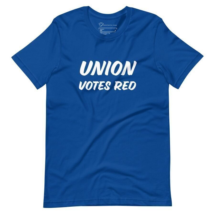 A unisex T-shirt in blue featuring the words "Union Votes Red" printed in white text, ideal for showing your support during the Elections 2024.