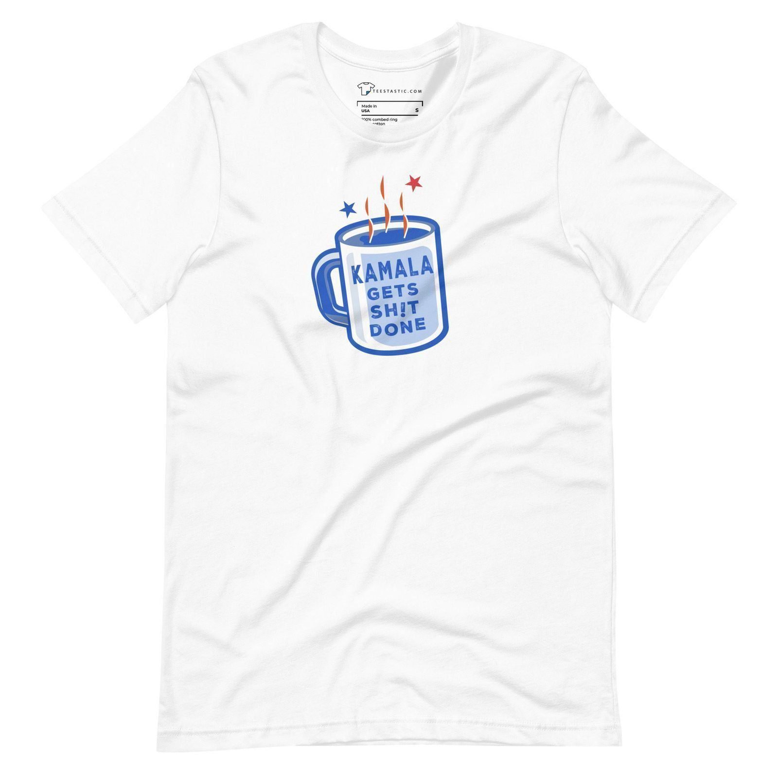 The KAMALA Gets Shit Done | Elections 2024 | Unisex t-shirt features a graphic of a coffee cup with the text "Kamala Gets Shit Done," making it perfect for supporters of Kamala in the 2024 elections.