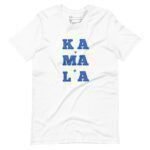 The KAMALA | Elections 2024 Unisex T-shirt features the word "KAMALA" printed in blue capital letters arranged vertically with red stars in between, making it perfect for showing your support during the 2024 elections.