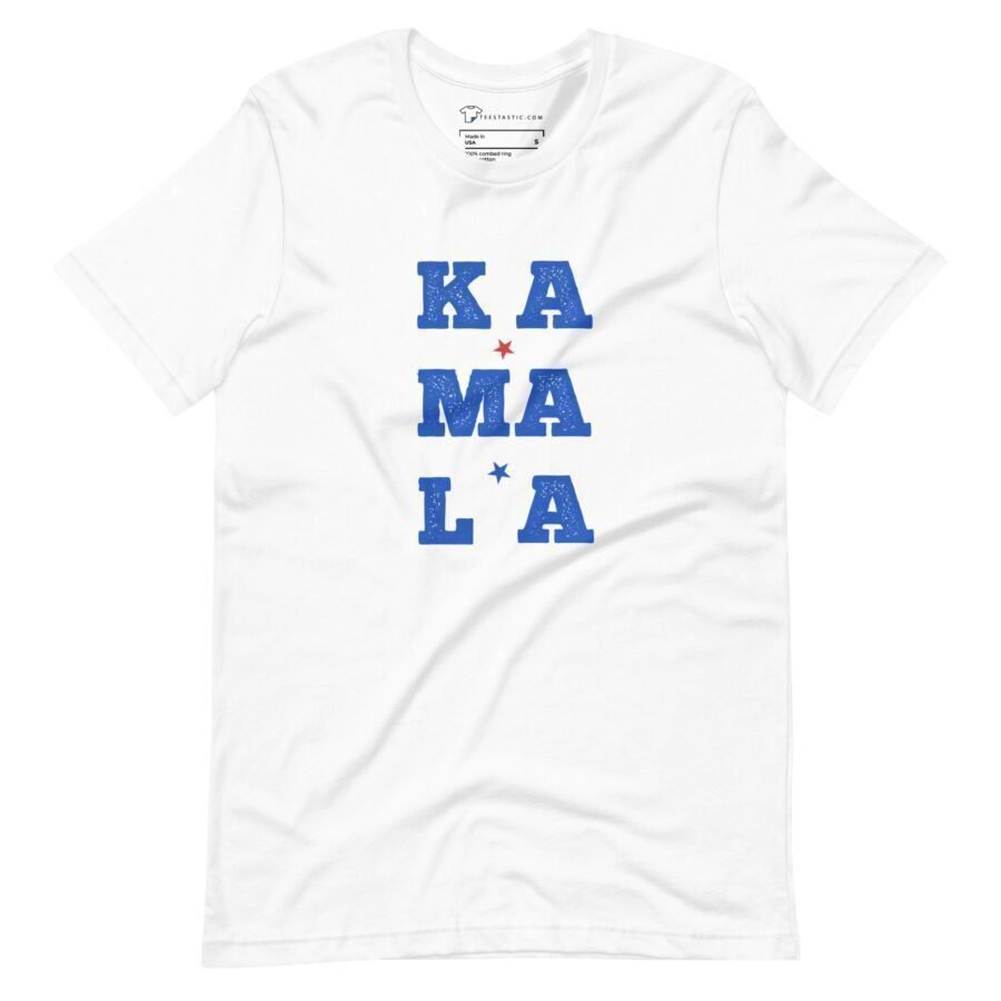 The KAMALA | Elections 2024 Unisex T-shirt features the word "KAMALA" printed in blue capital letters arranged vertically with red stars in between, making it perfect for showing your support during the 2024 elections.