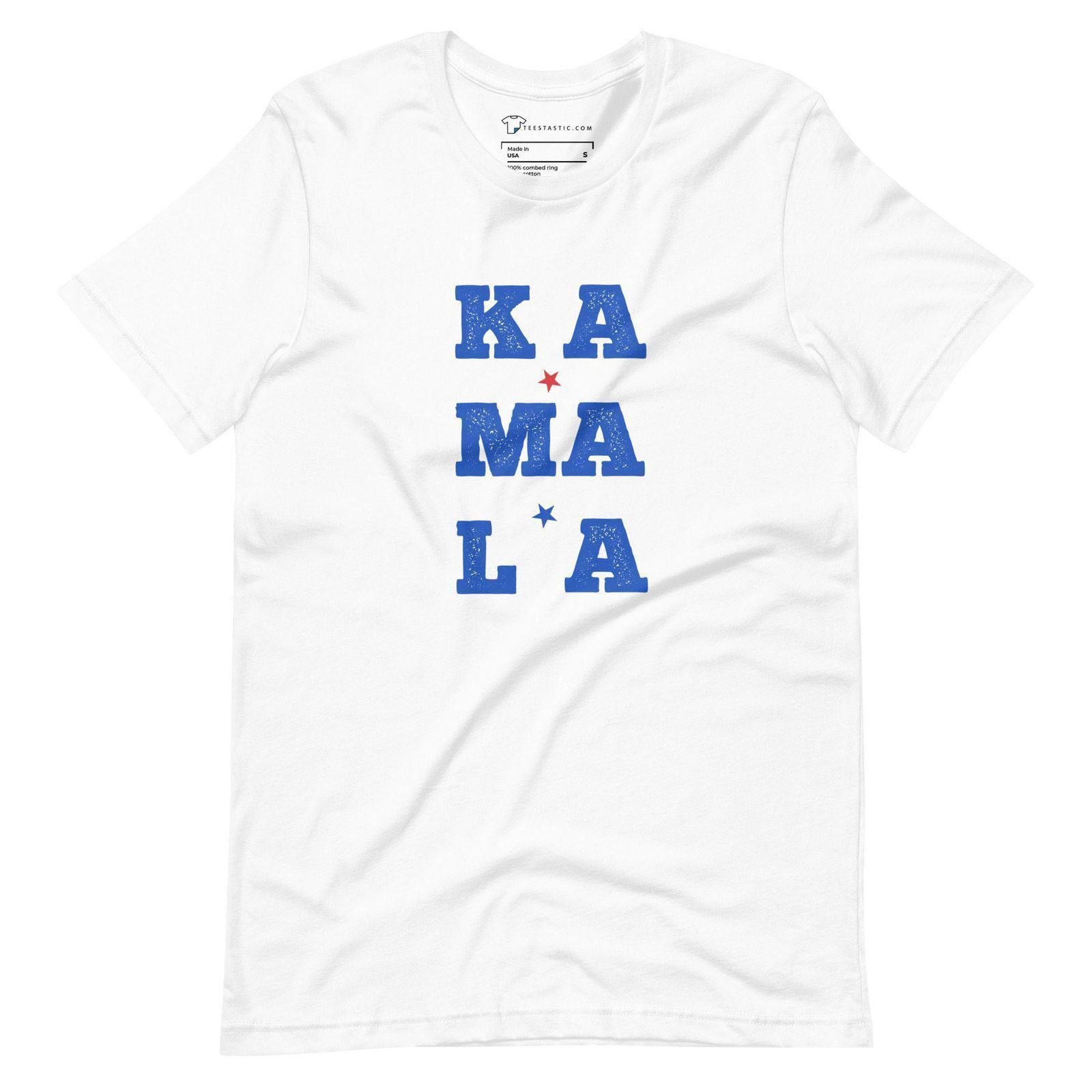 The KAMALA | Elections 2024 Unisex T-shirt features the word "KAMALA" printed in blue capital letters arranged vertically with red stars in between, making it perfect for showing your support during the 2024 elections.