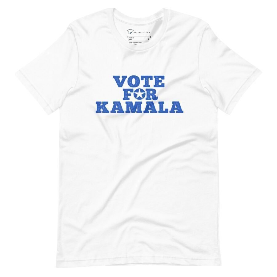 The VOTE FOR KAMALA | Elections 2024 | Unisex t-shirt showcases bold blue capital letters across the chest, making it perfect for showing support in the upcoming Elections 2024.