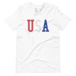 Unisex T-shirt featuring "USA" in red, white, and blue letters on the front, perfect for showcasing your patriotic spirit during Elections 2024.