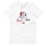 Sport your support for Elections 2024 with the "Paws to Vote" Unisex T-shirt, adorned with a graphic of a dog's head, text reading "Paws to Vote," and small red and blue stars.
