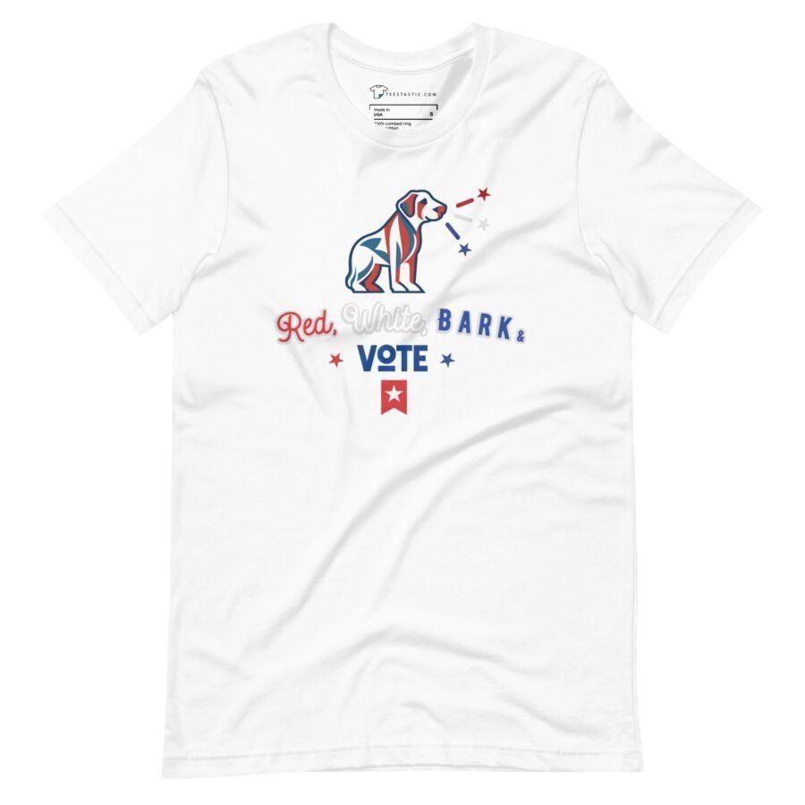 The "Red, White, Bark & Vote | Elections 2024 | Unisex t-shirt" is a white garment showcasing an illustration of a dog adorned with an American flag pattern and the text "Red, White, BARK & VOTE" in red and blue. It's the ideal choice for demonstrating your patriotic spirit during Elections 2024.