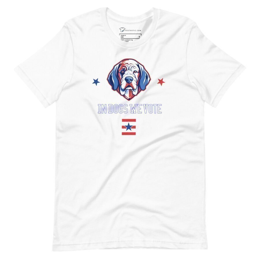 Introducing the "In Dogs We Vote | Elections 2024" unisex t-shirt—a white shirt adorned with a stylized dog face in red, white, and blue, flanked by a red star and a blue star. Below the dog is the text "In Dogs We Vote," accompanied by a small flag-like design at the bottom—an ideal way to express your canine pride during Elections 2024.