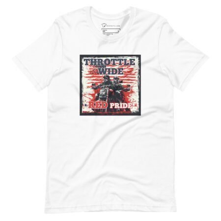Check out the Throttle Wide Red Pride Unisex t-shirt, designed for Elections 2024. It features a graphic of a motorcyclist with an American flag and the text "Throttle Wide" and "Red Pride," making it perfect for showing your spirit.