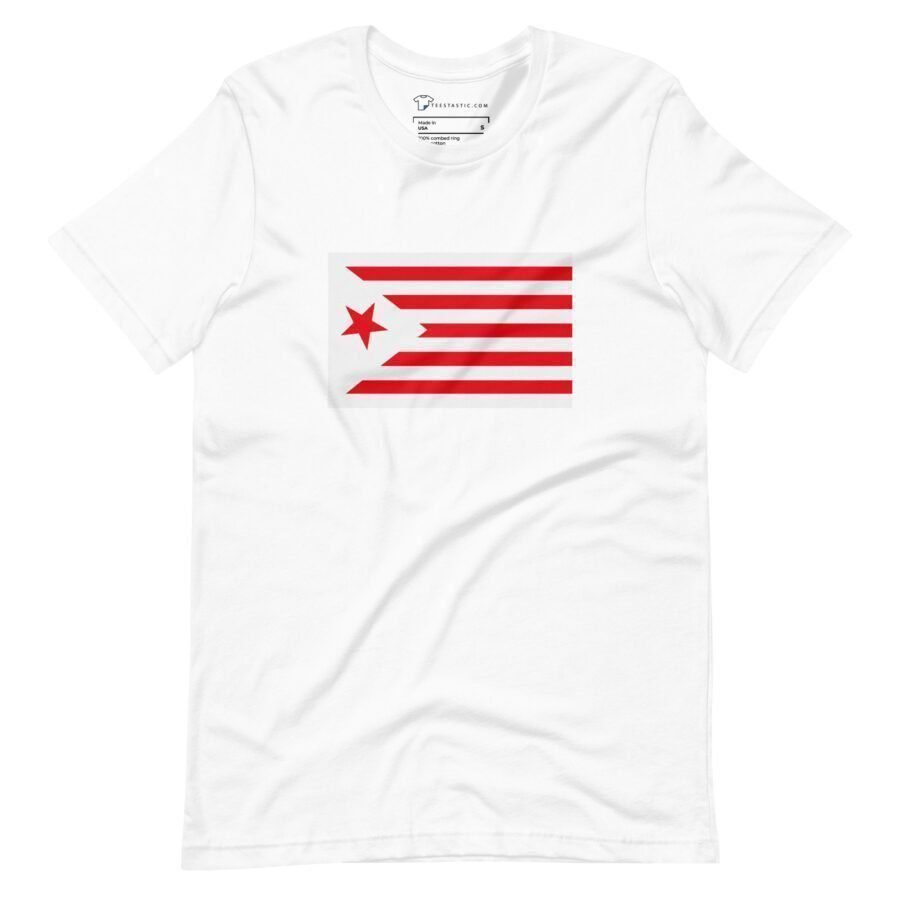 The "Star and Stripes Red | Elections 2024 | Unisex t-shirt" features a red and white striped design with a red star in the top left corner on the chest, making it perfect for showing your spirit during Elections 2024.